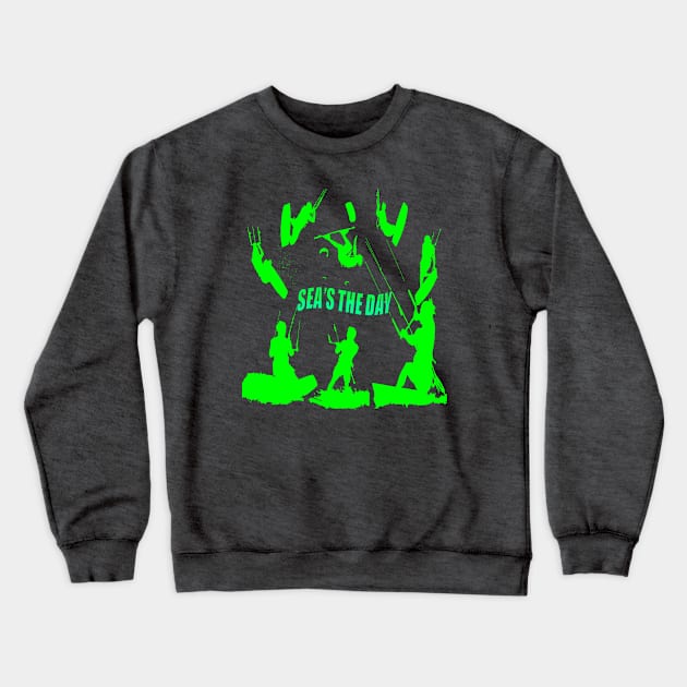 Kitesurfer Pattern Lime Green Silhouette Seas The Day Fun Pun Crewneck Sweatshirt by taiche